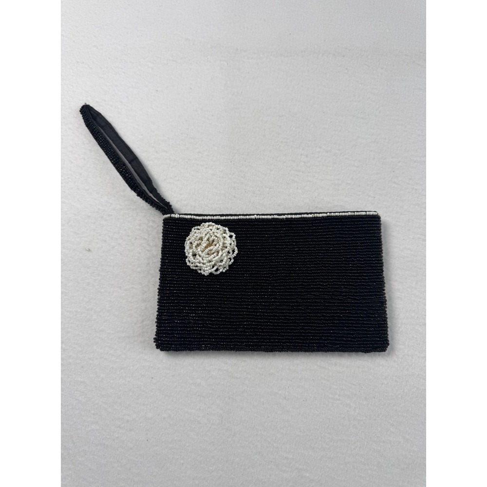 Coquette Womens Small Wristlet Black White Beaded Floral Rosette Clutch